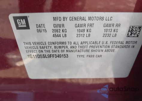 2015 Chevrolet Malibu 2Lt from USA, damaged, VIN 1G11D5SL9FF349153